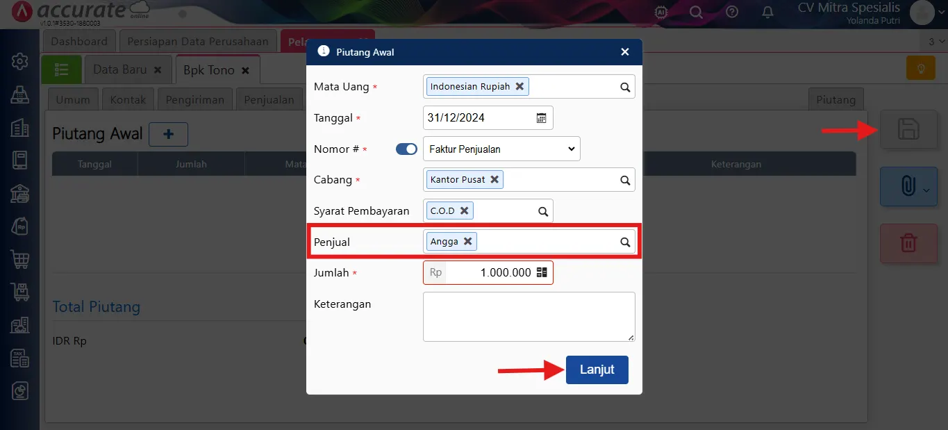 Input Nama Penjual pada saldo awal faktur
