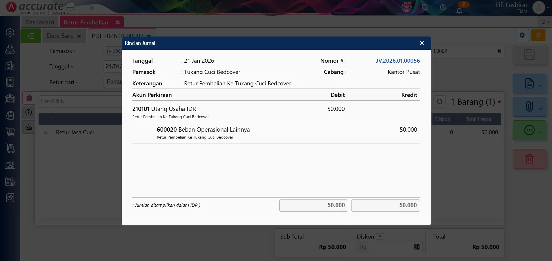 Cara retur pembelian untuk transaksi jasa