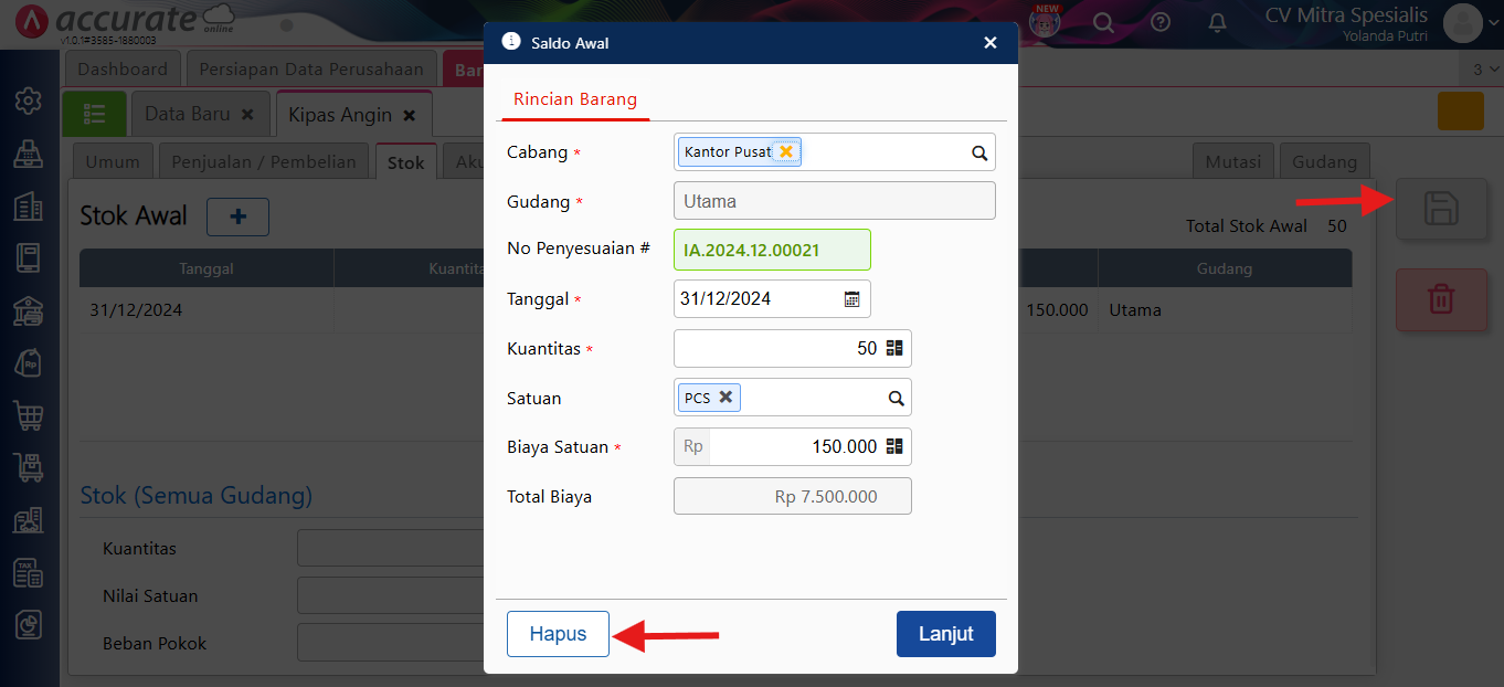error hapus penyesuaian persediaan