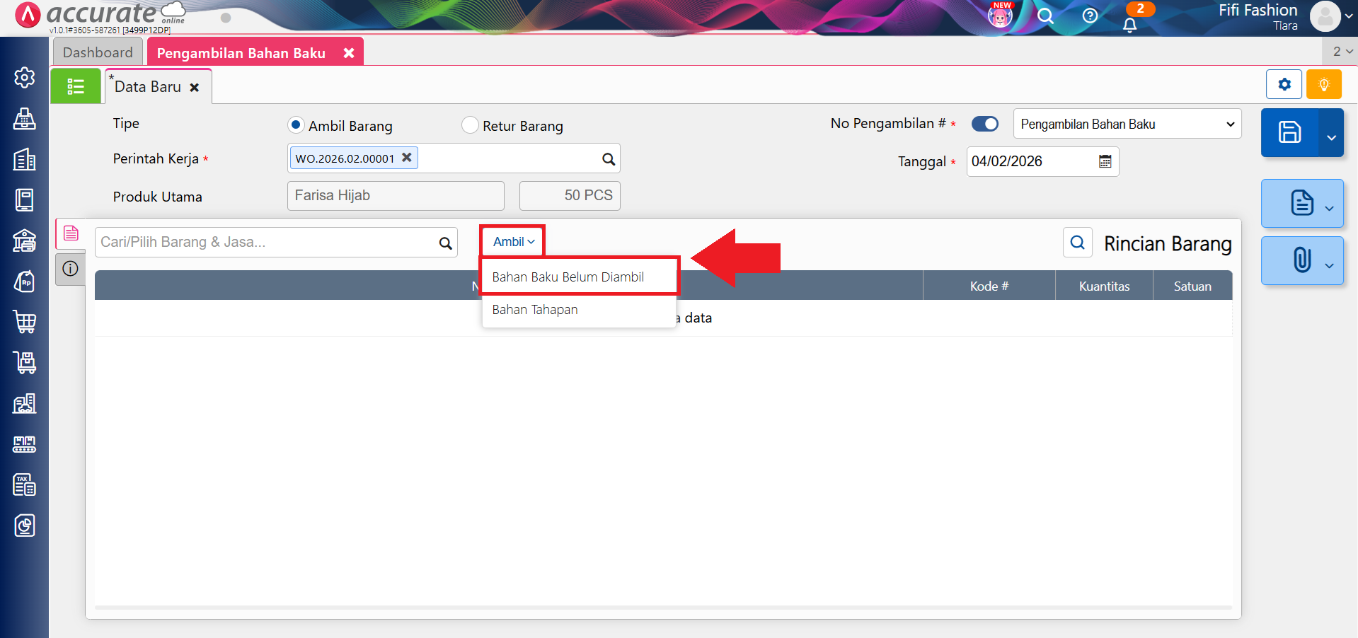 mencatat pengambilan bahan baku