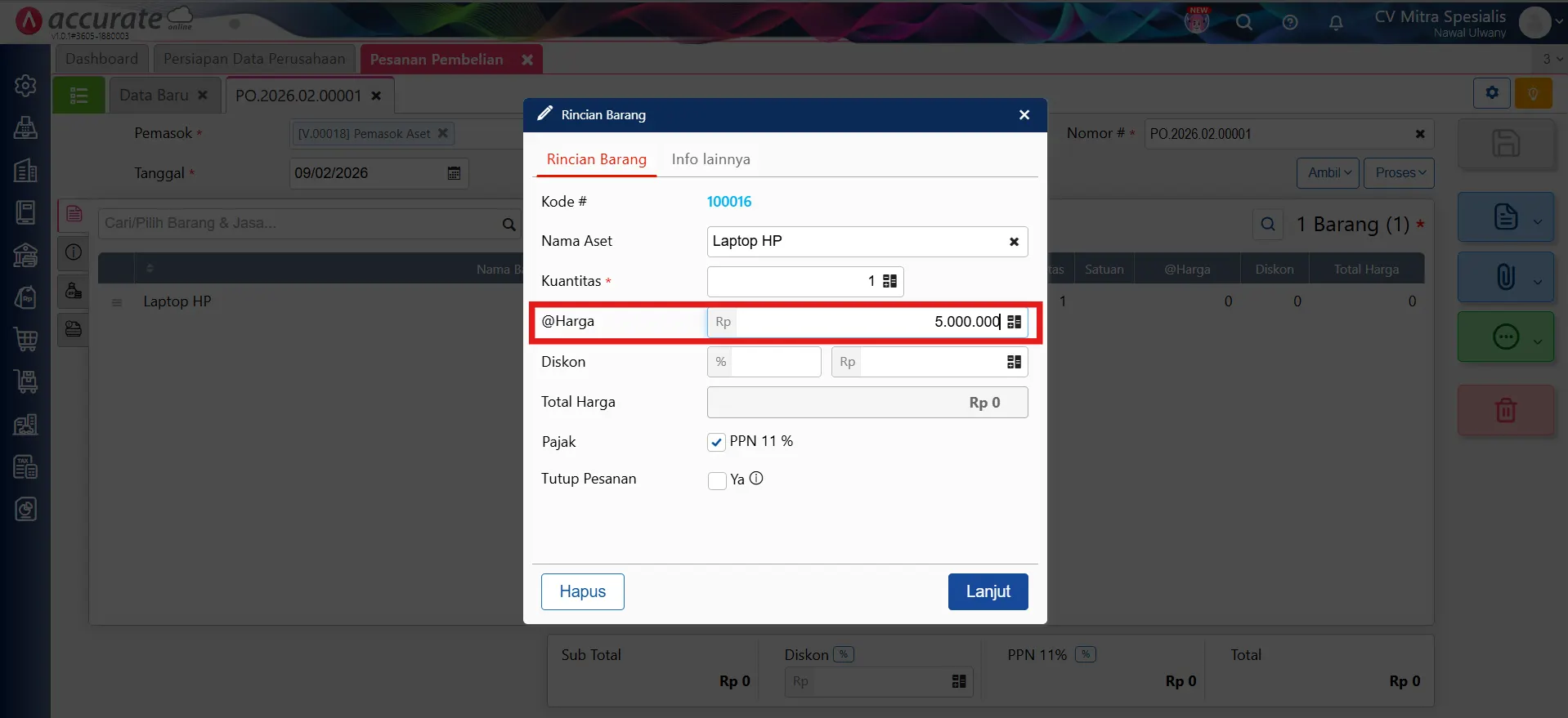 mengatasi error pengeluaran nol aset tetap