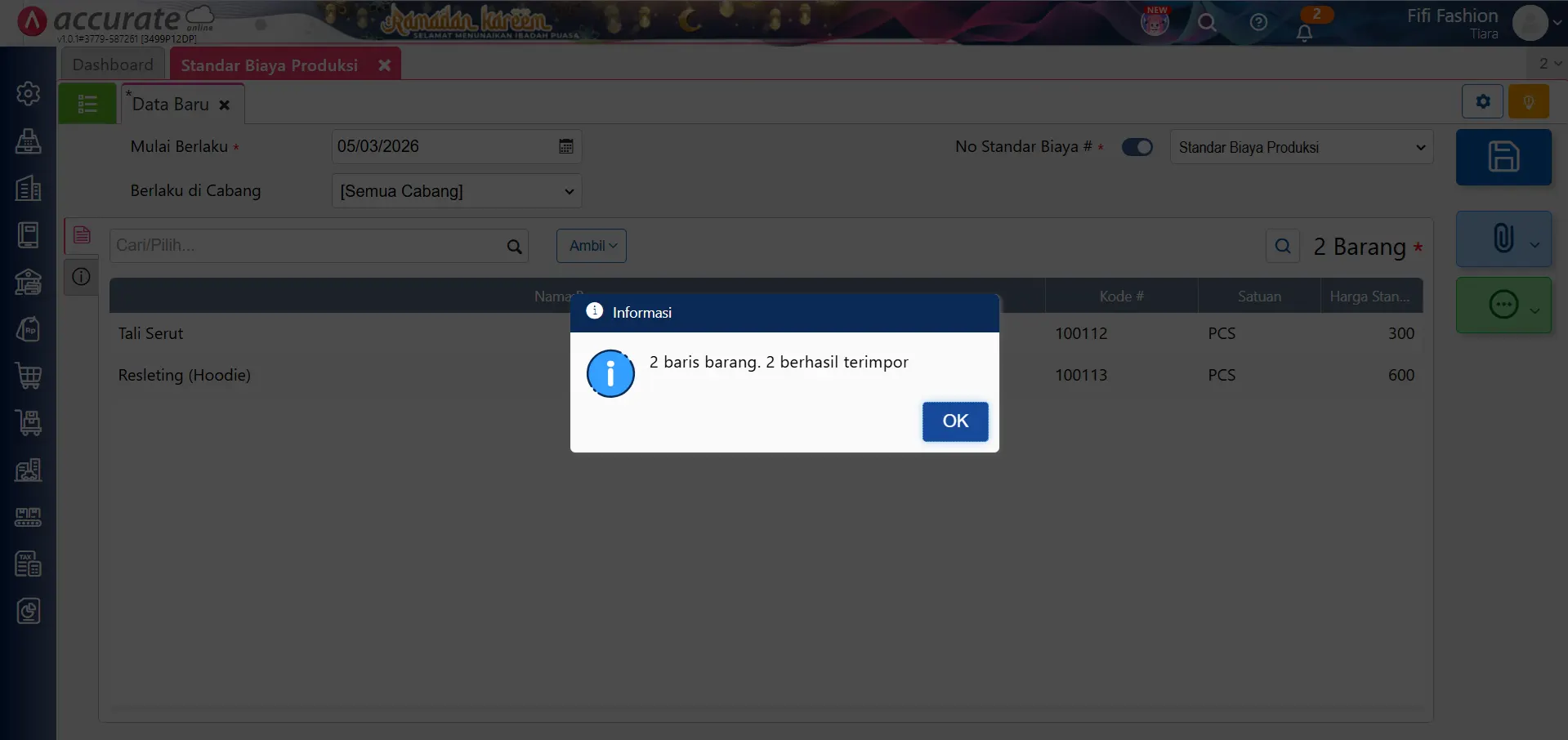 impor standar biaya produksi dari Excel