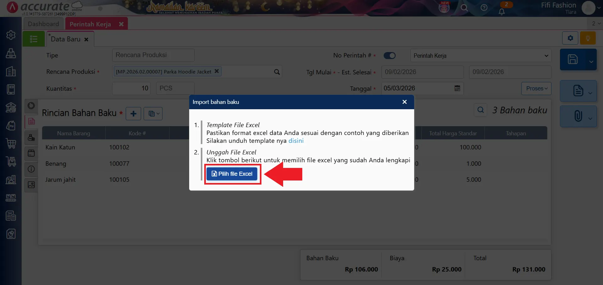 impor bahan baku perintah kerja excel