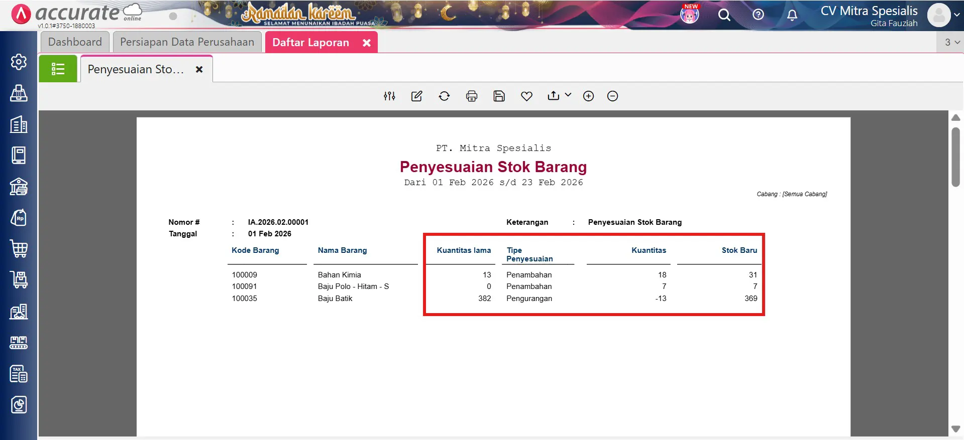 Menampilkan laporan penyesuaian stok dengan kuantitas
