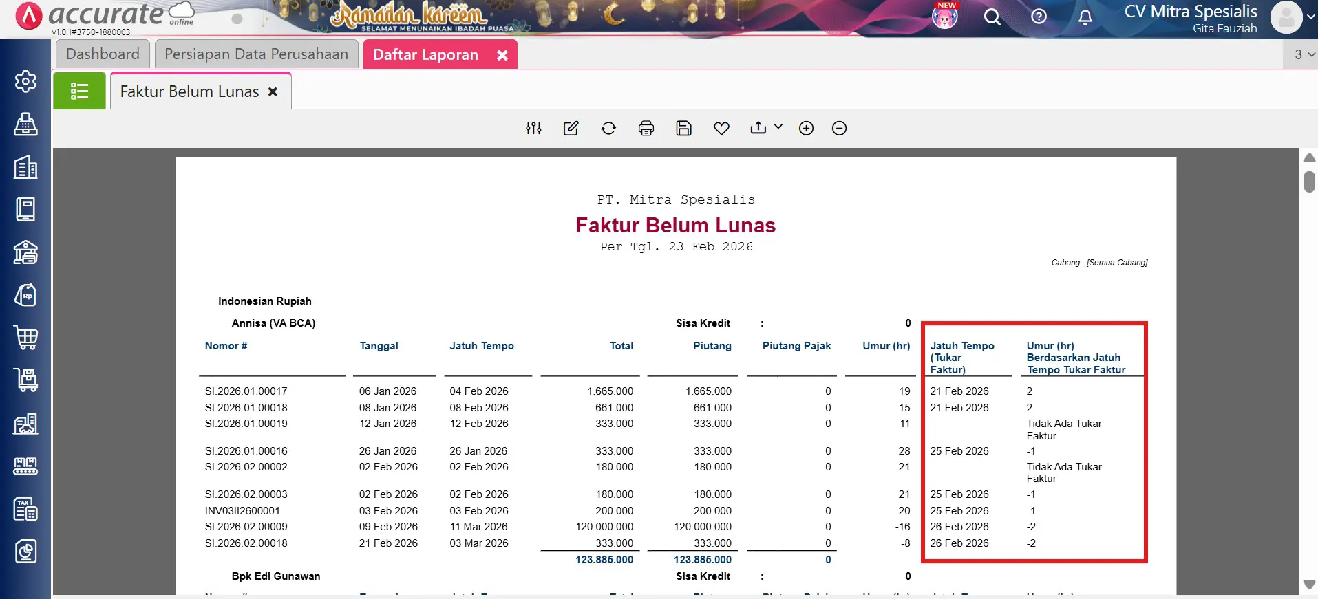 menampilkan umur piutang tukar faktur di faktur belum lunas