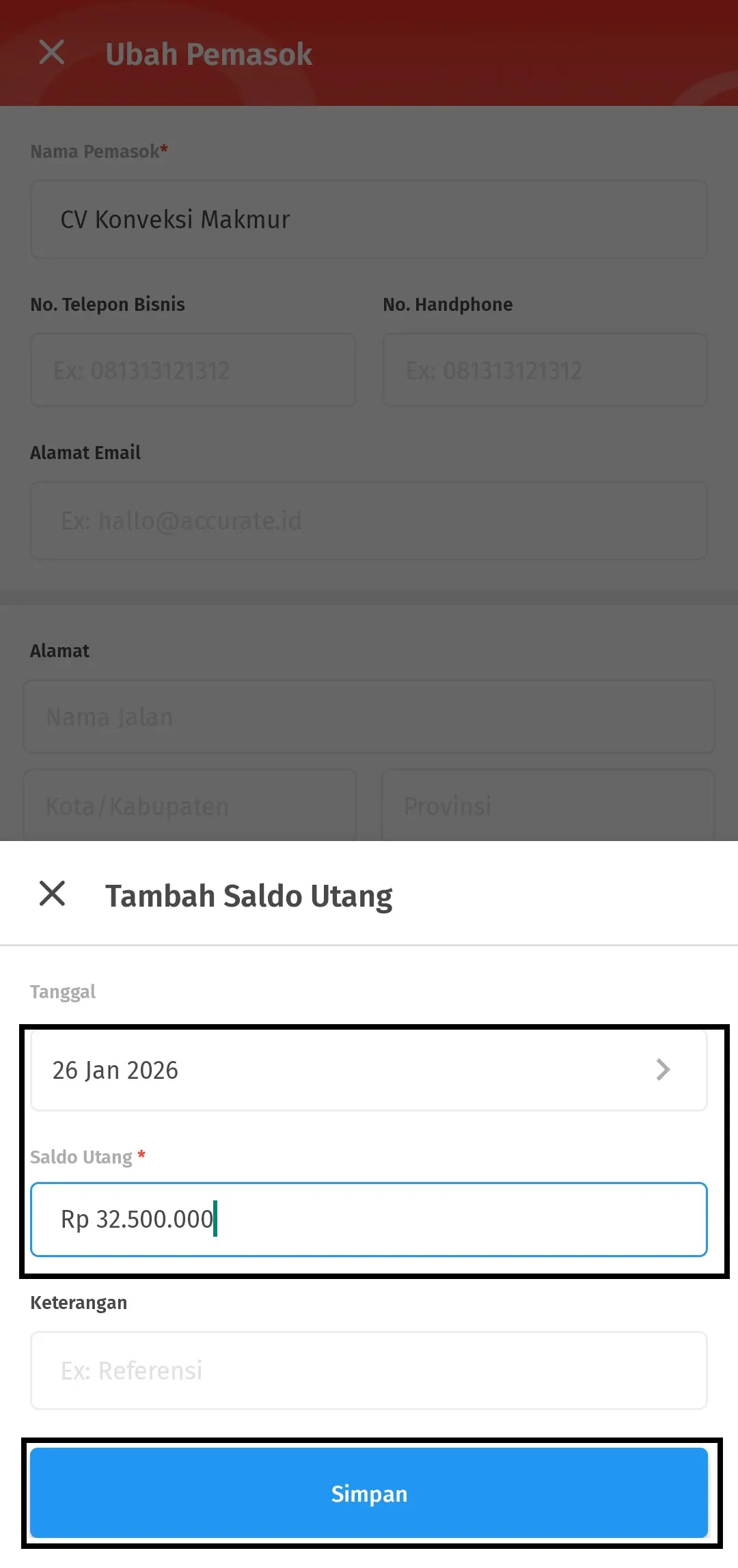 mengisi saldo utang pemasok