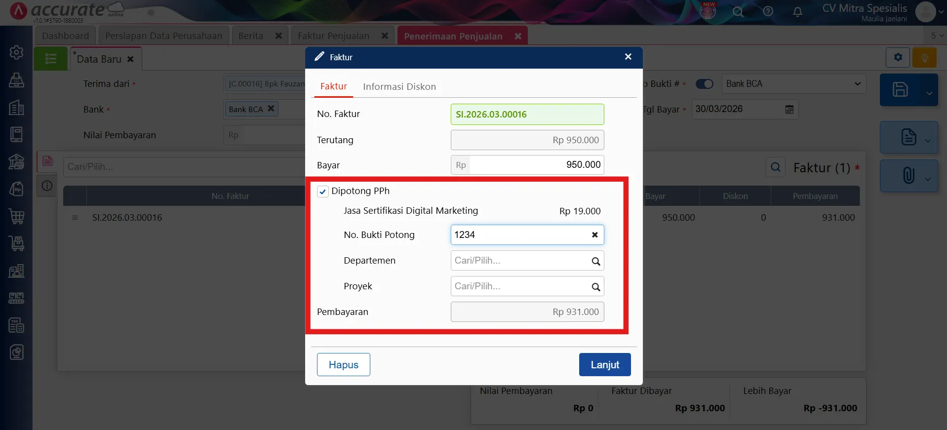 mencatat PPh 23 penjualan jasa