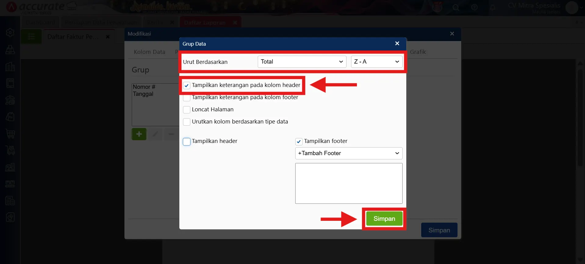 mengurutkan nilai di laporan