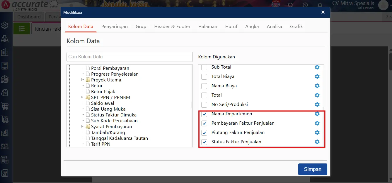Menampilkan piutang penjualan per departemen