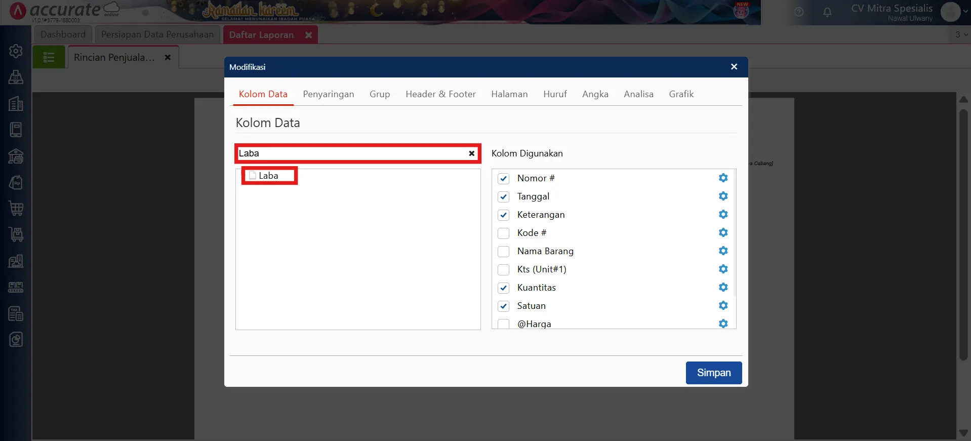 Menampilkan piutang penjualan per departemen