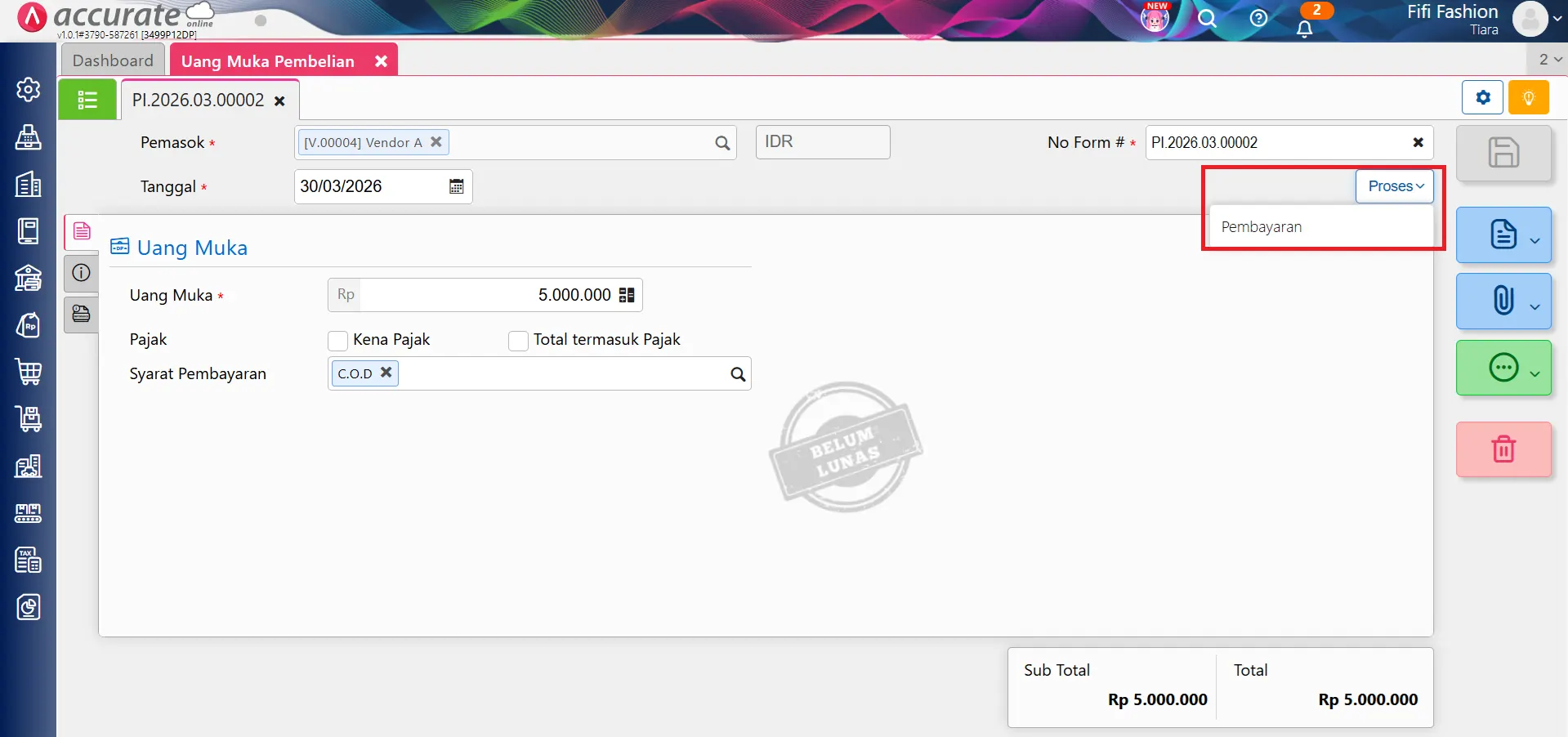 mencatat saldo awal uang muka pembelian