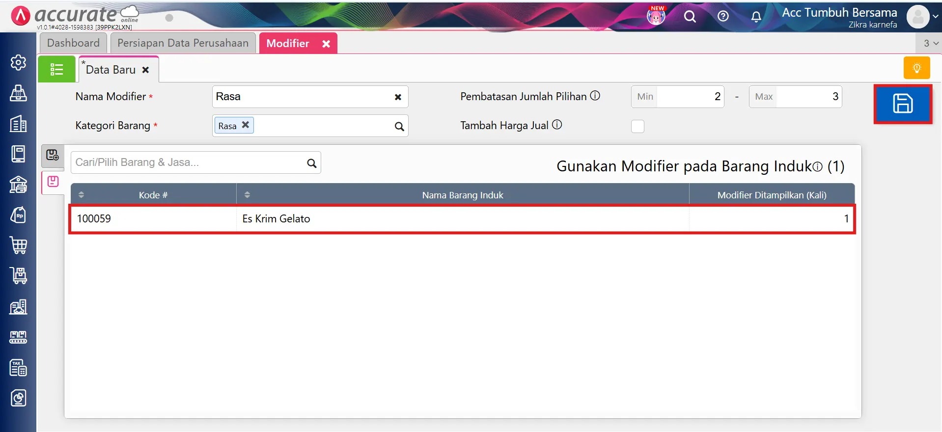 mengatur produk berdasarkan modifier