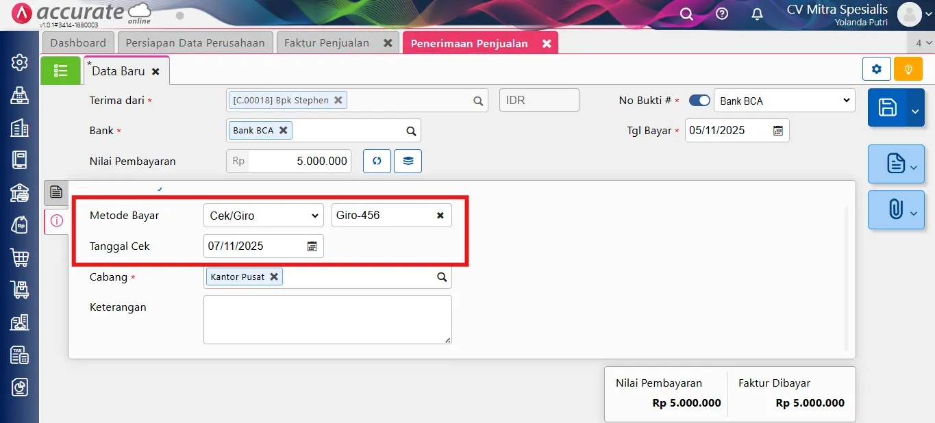 void penerimaan cek/giro kosong