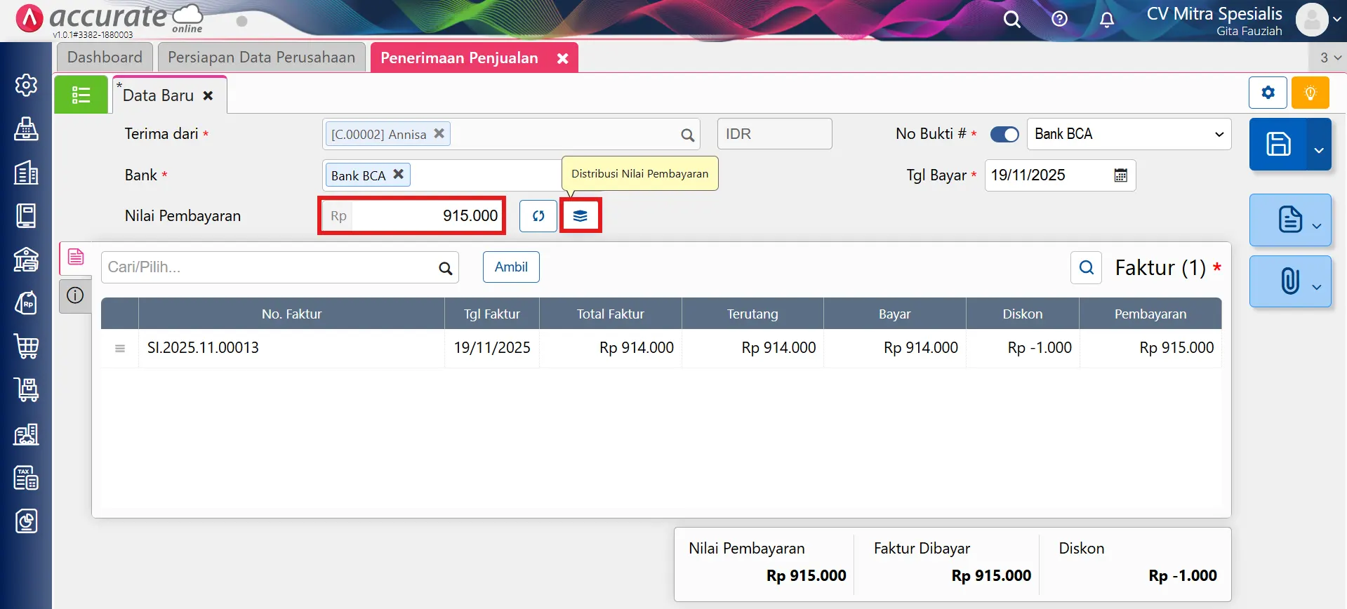 mengalokasikan lebih bayar penjualan ke akun lain