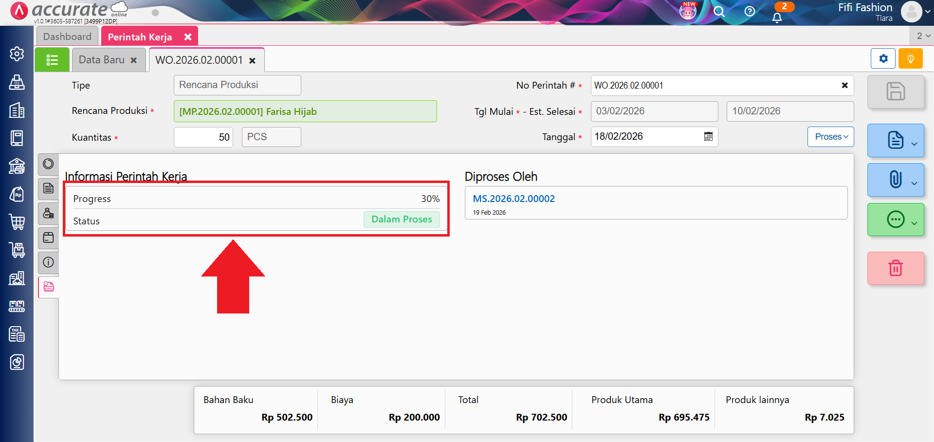 hitung progress perintah kerja