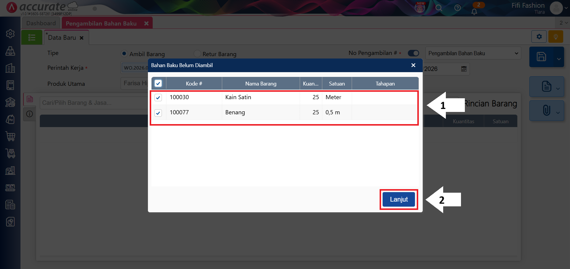 mencatat pengambilan bahan baku