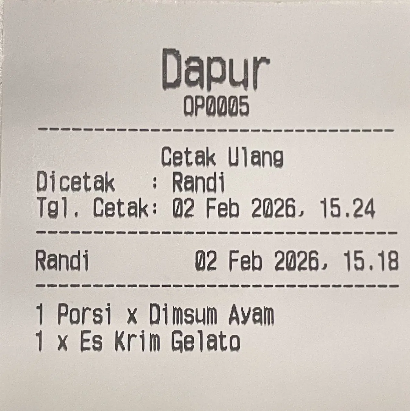 cetak ulang struk dapur/gudang