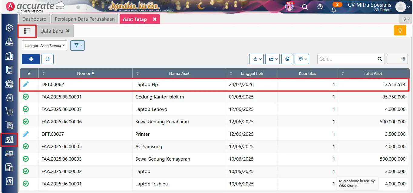 catat pembelian aset tetap dengan biaya tambahan