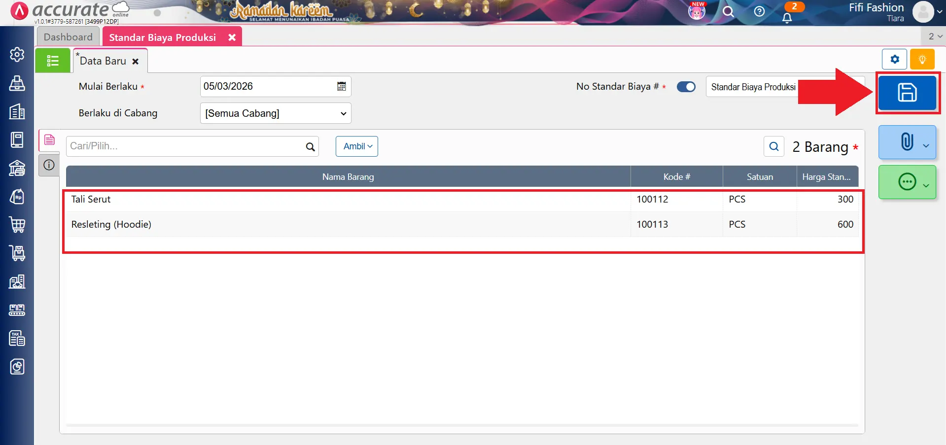 impor standar biaya produksi dari Excel