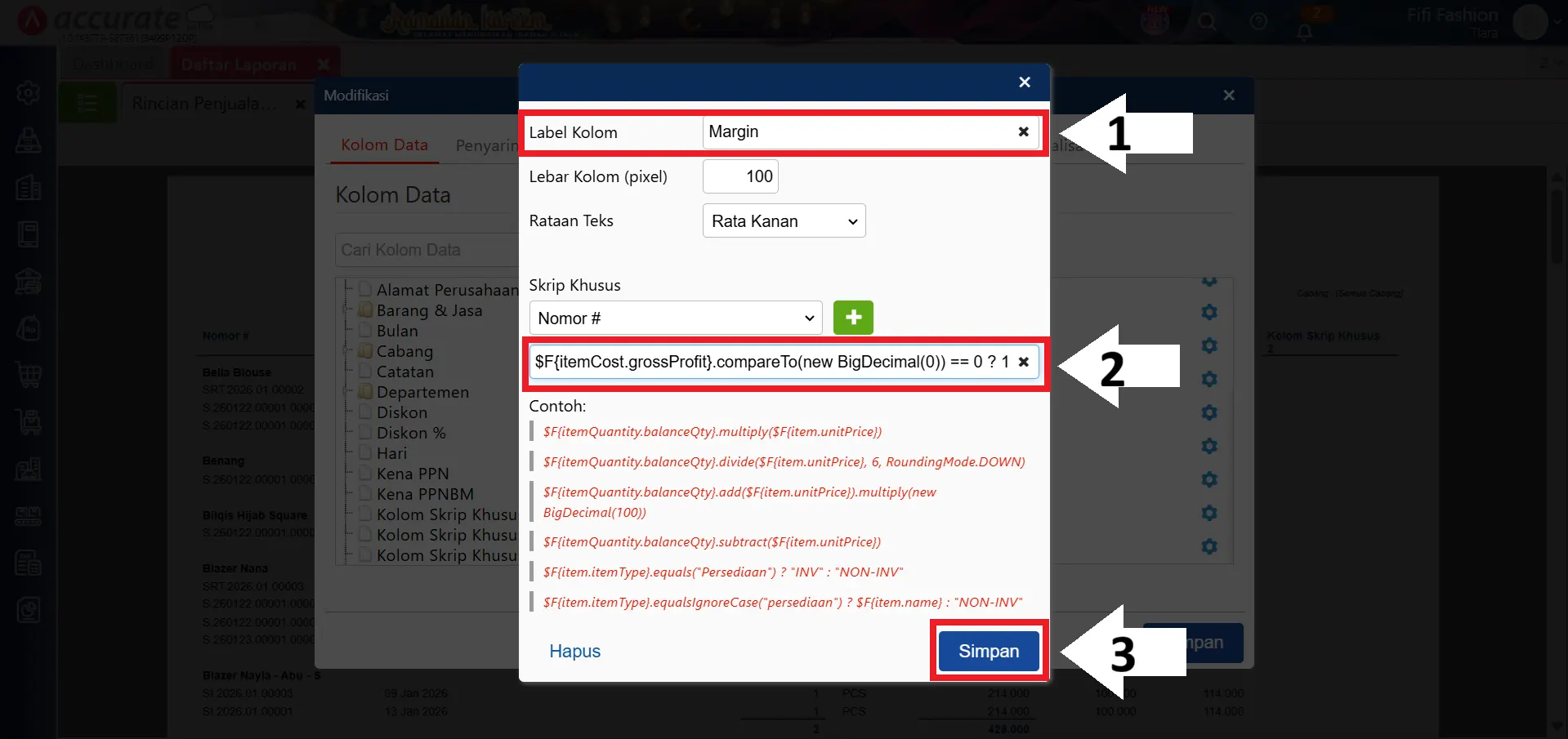 menampilkan margin laba kotor per barang