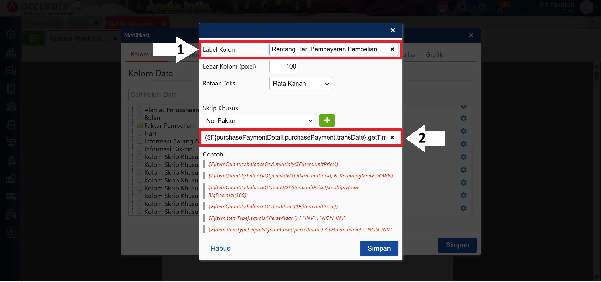 rentang hari bayar di laporan pembelian