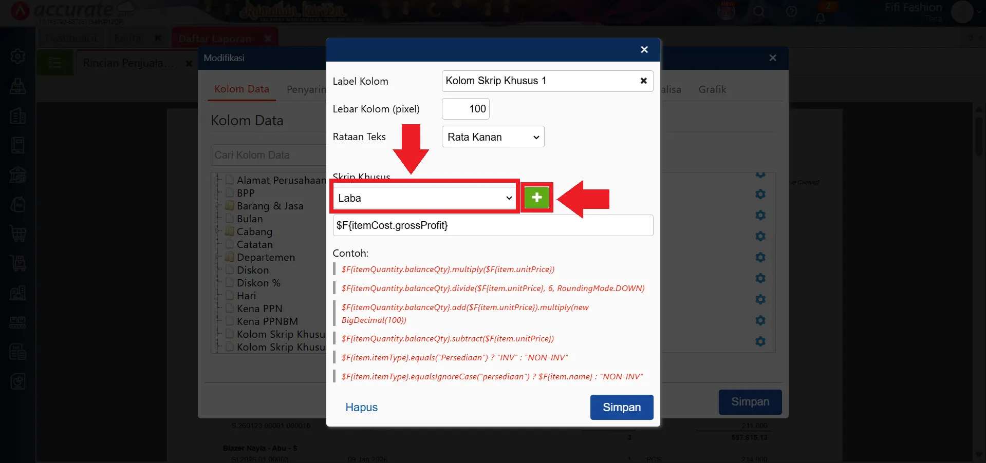 mengatasi skrip kolom tidak valid di laporan