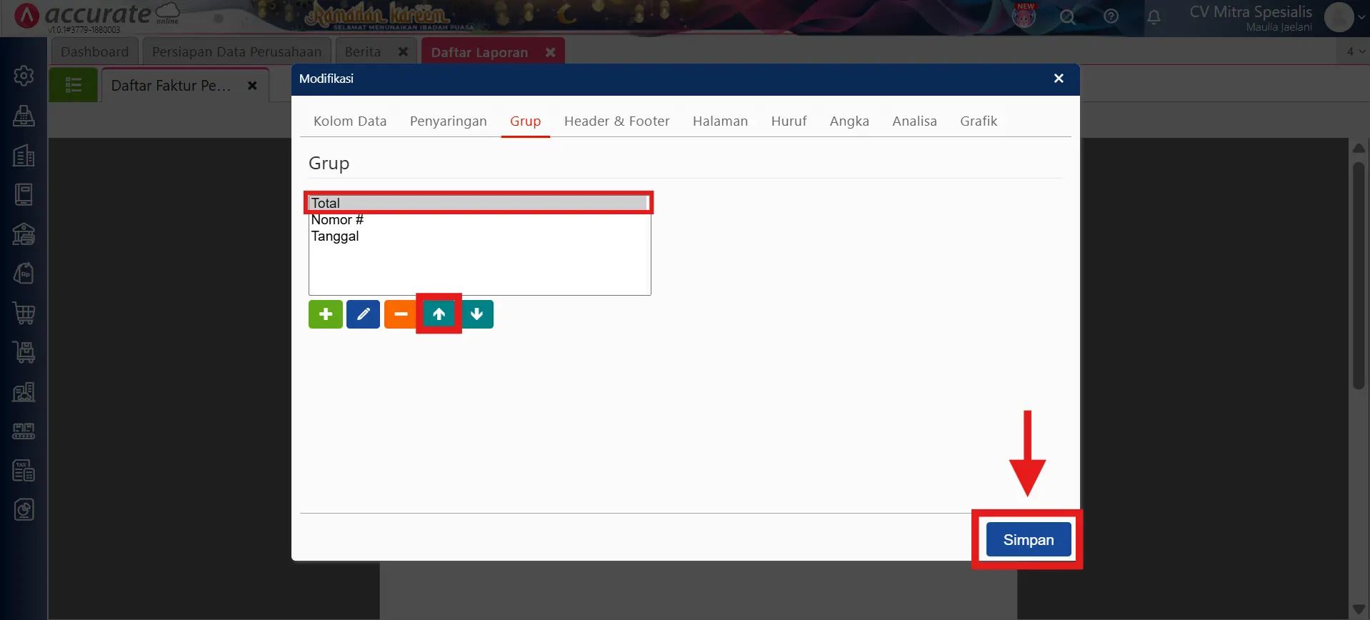mengurutkan nilai di laporan