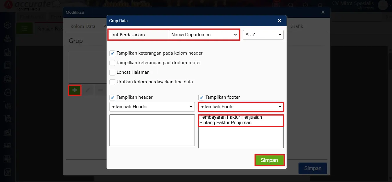 Menampilkan piutang penjualan per departemen