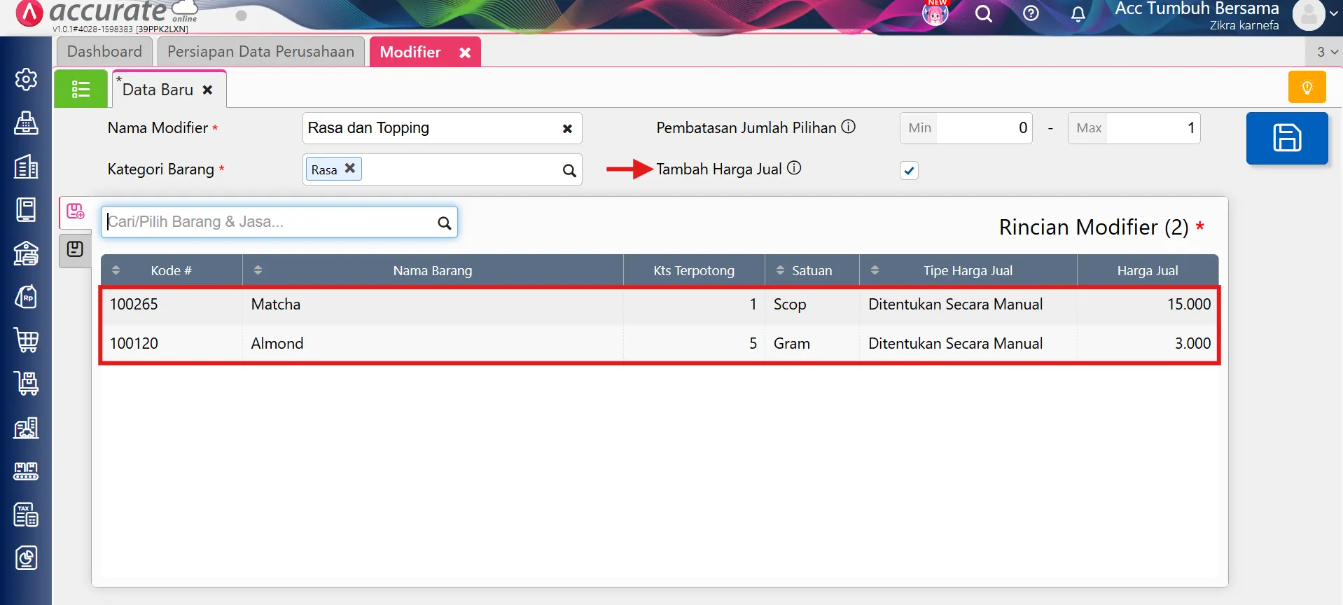 mengatur produk berdasarkan modifier