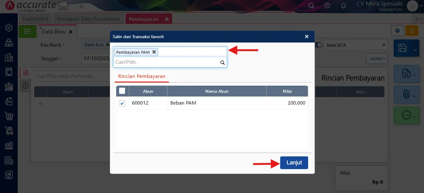 fitur transaksi favorit
