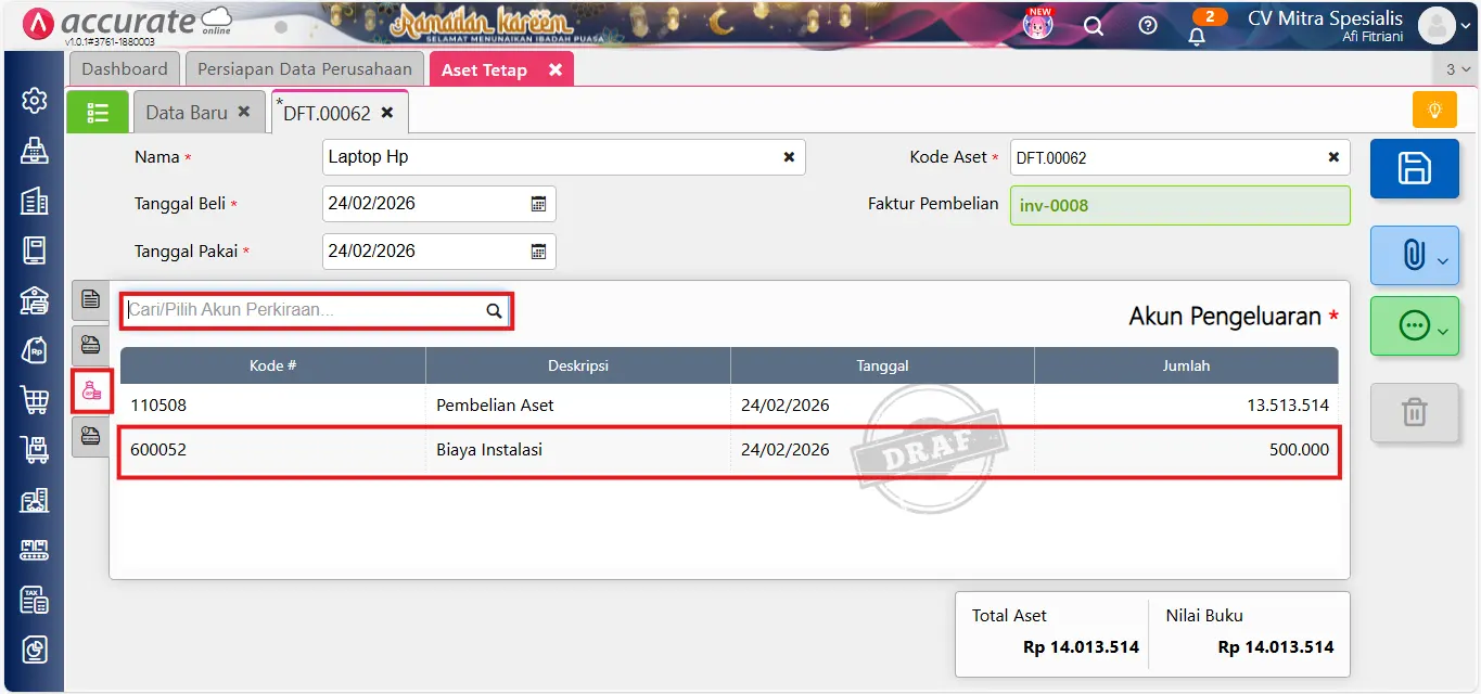 catat pembelian aset tetap dengan biaya tambahan