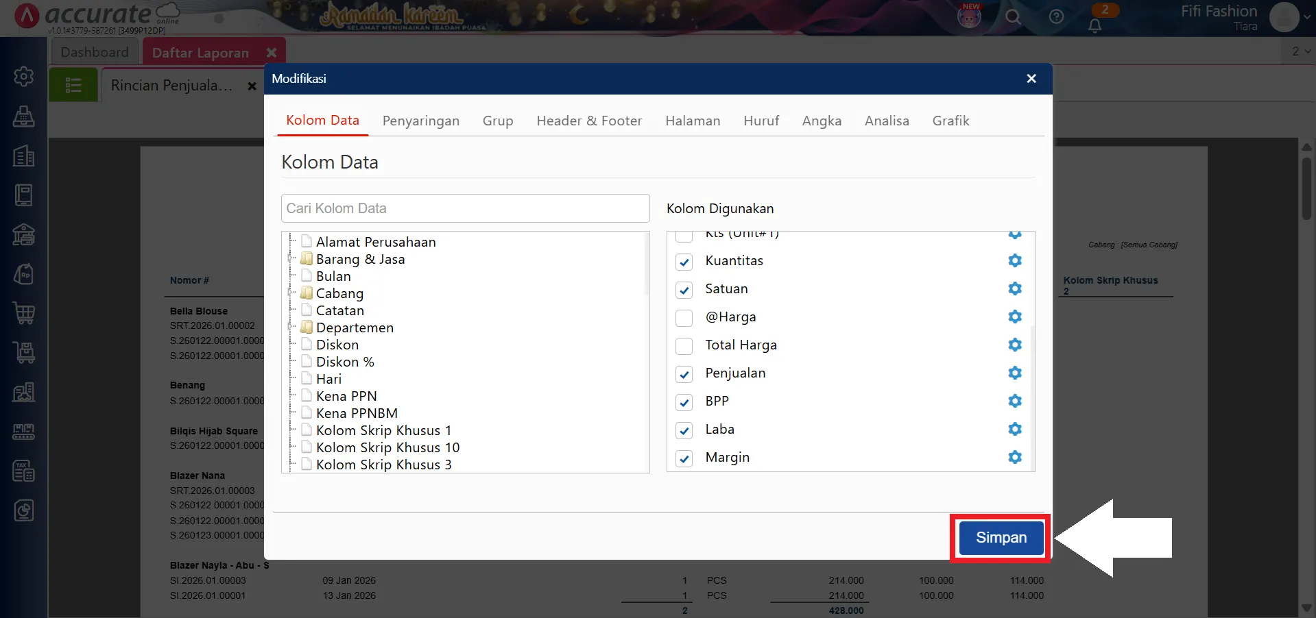 menampilkan margin laba kotor per barang