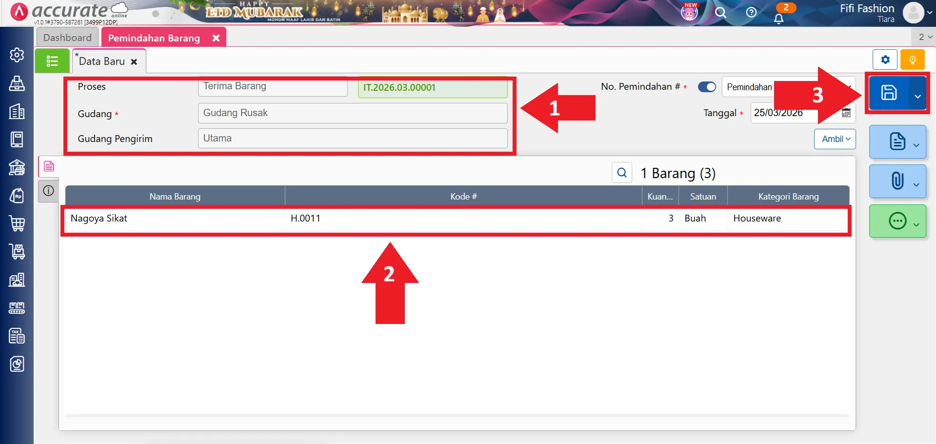 memindahkan stok barang rusak ke gudang rusak