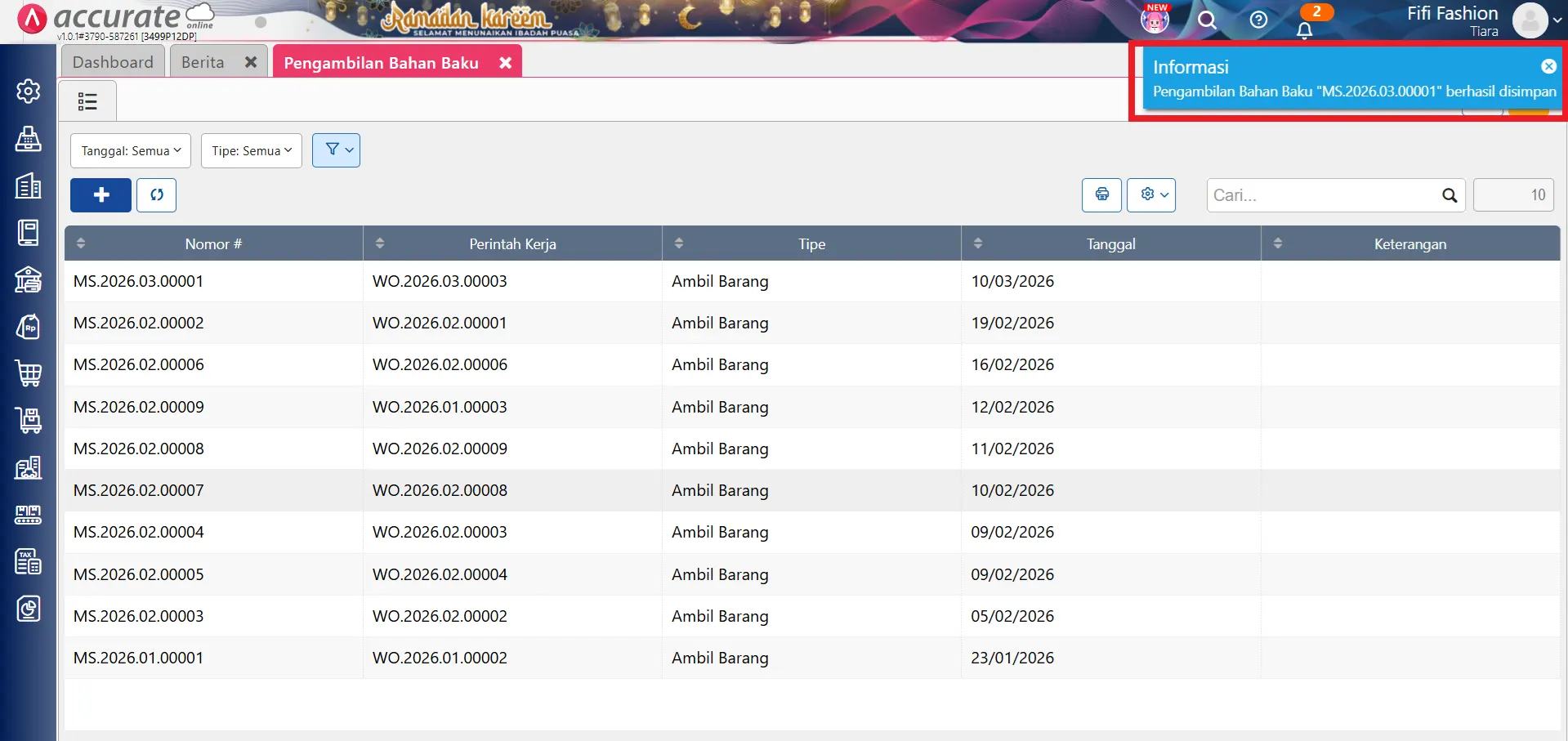 error akun saat pengambilan bahan baku