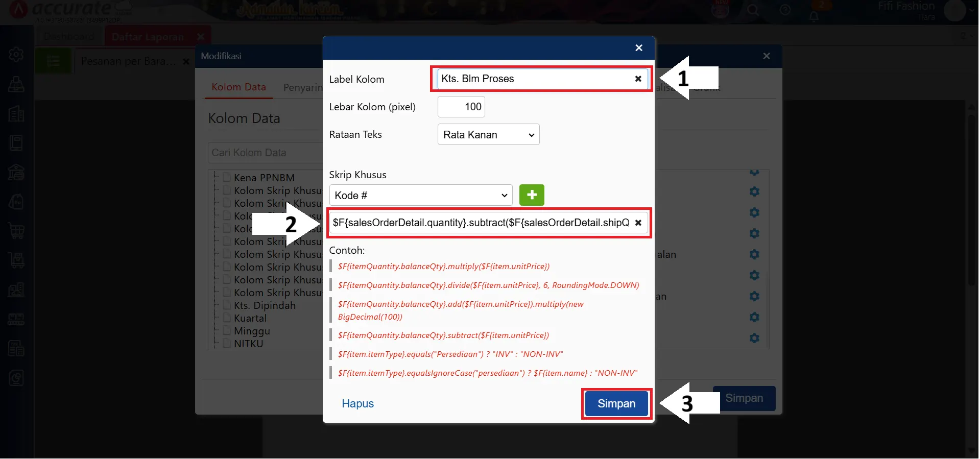 menampilkan kuantitas belum proses di laporan pesanan