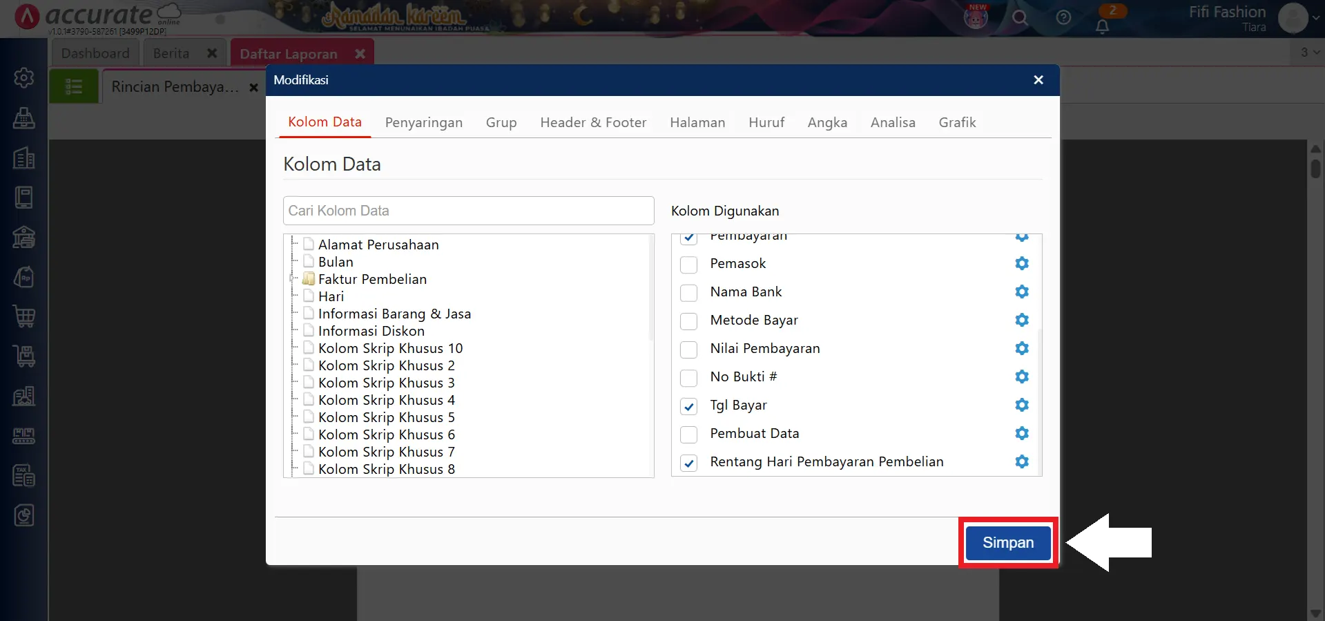 rentang hari bayar di laporan pembelian