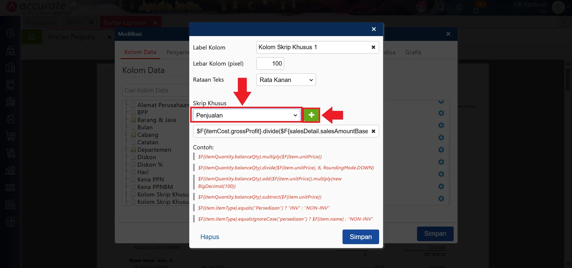 mengatasi skrip kolom tidak valid di laporan