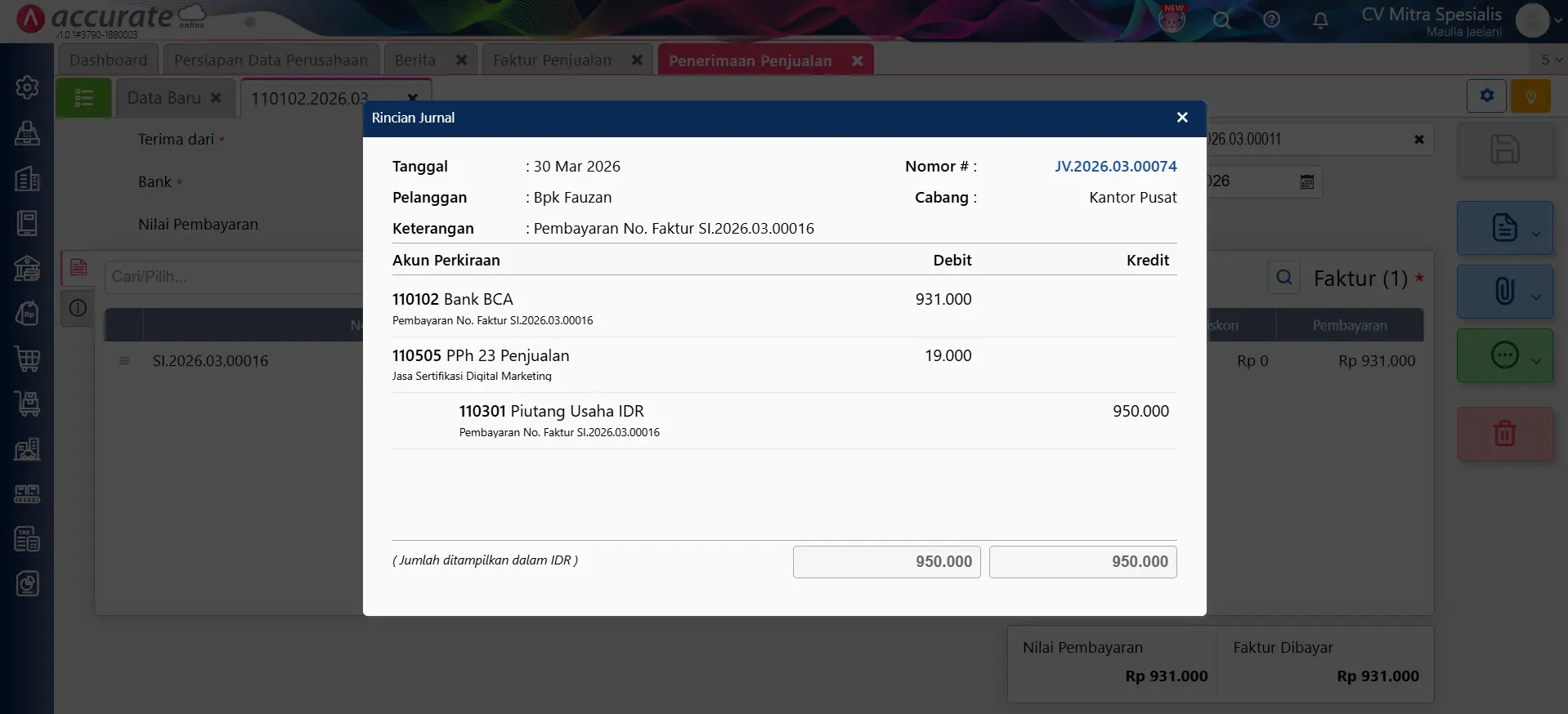 mencatat PPh 23 penjualan jasa