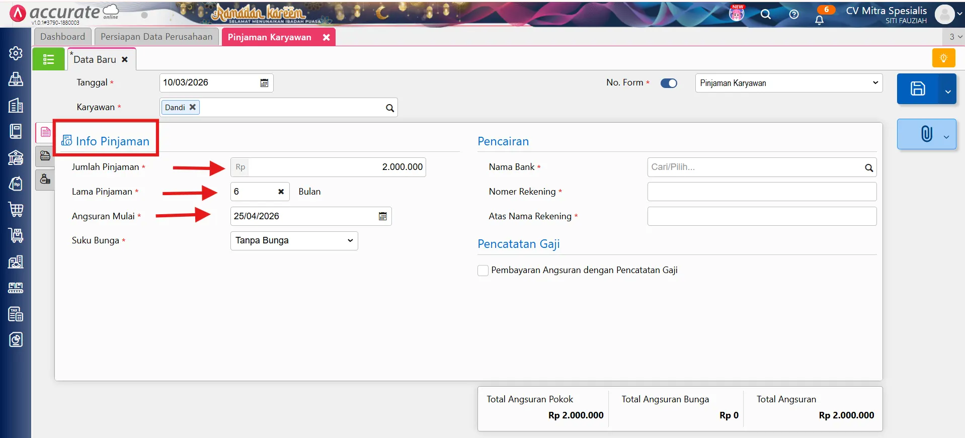Fitur pinjaman karyawan