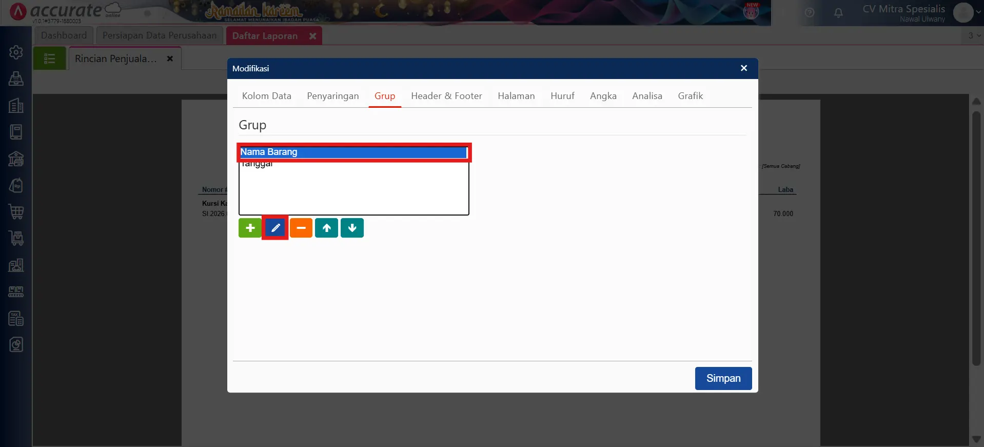 Menampilkan piutang penjualan per departemen