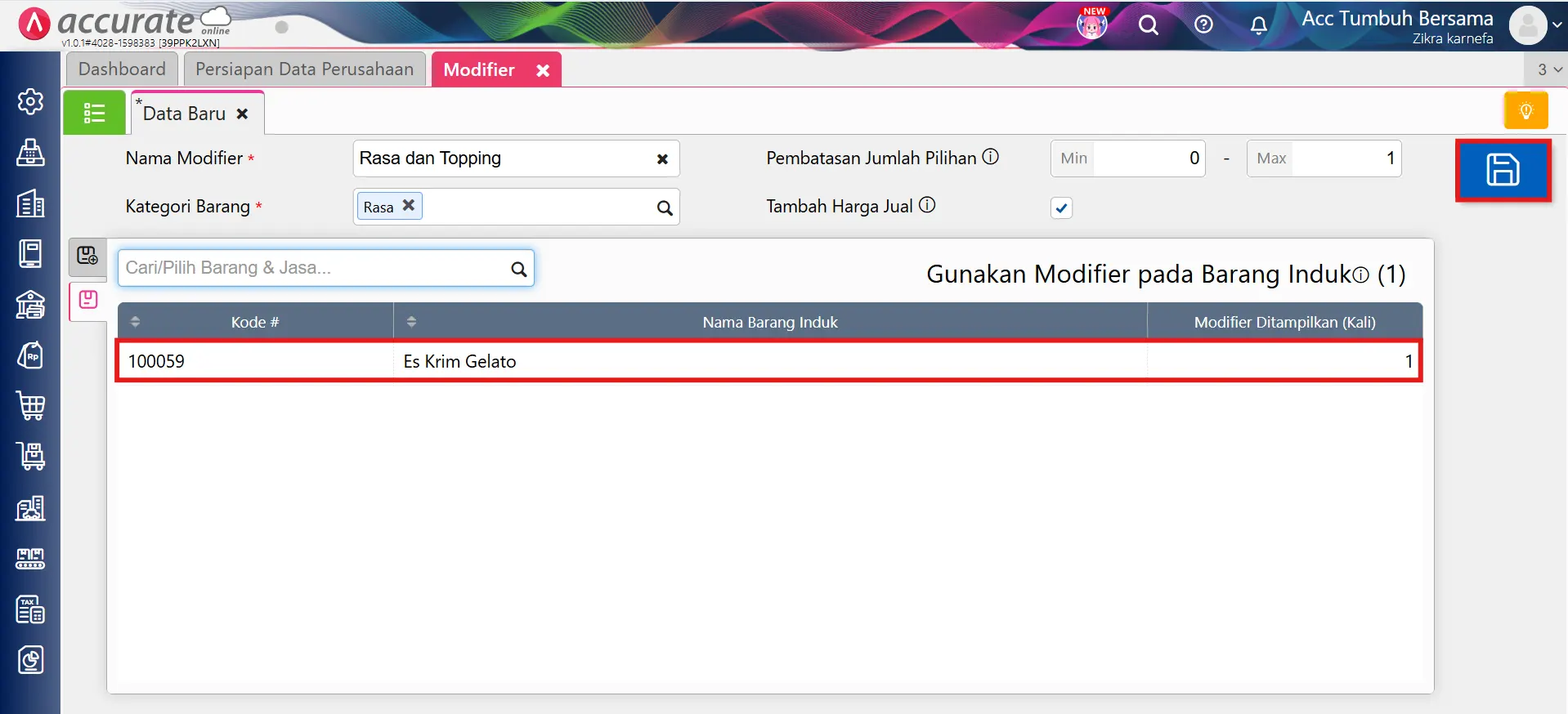 mengatur produk berdasarkan modifier