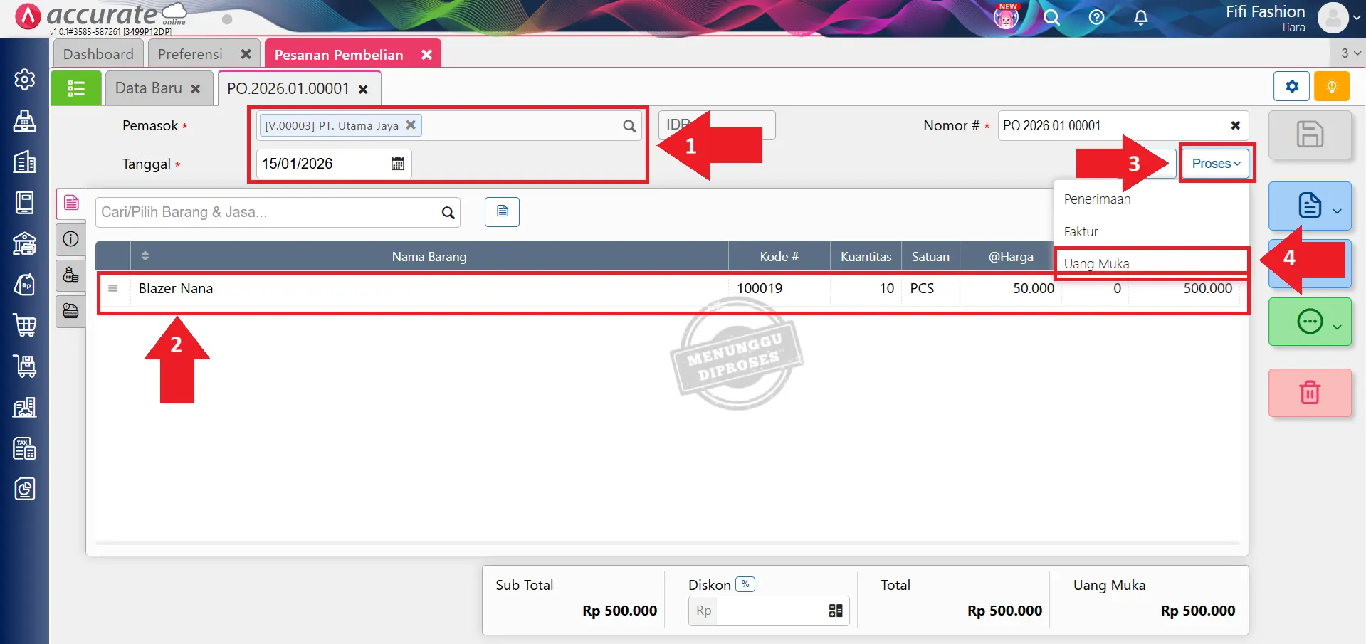 mencatat uang muka pembelian barang