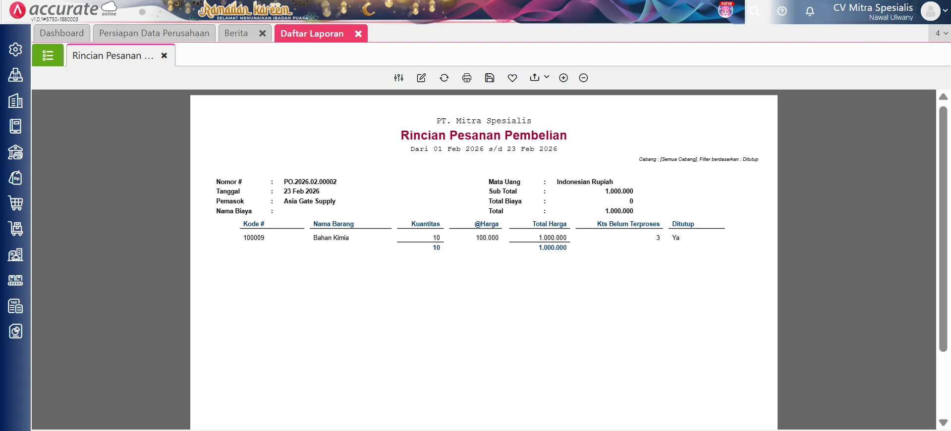 laporan pesanan pembelian ditutup
