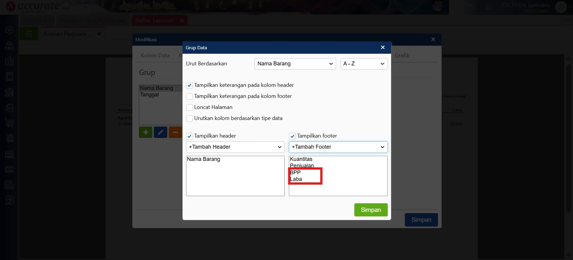 Menampilkan piutang penjualan per departemen