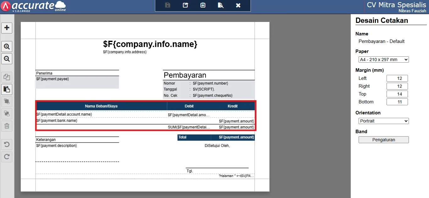 Cara menampilkan debit, kredit, dan total di cetakan