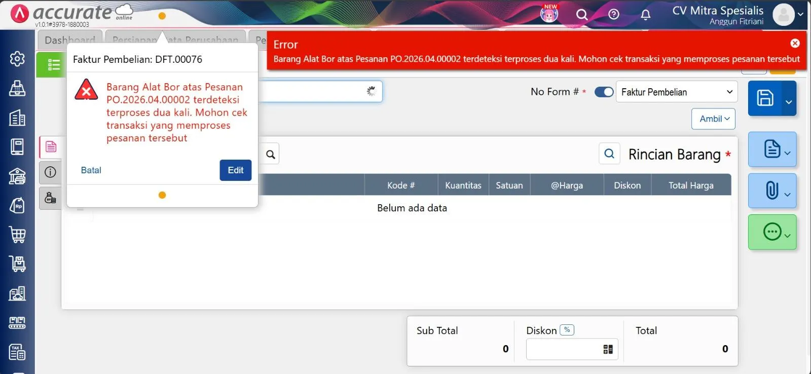 mengatasi error barang diproses lebih dari satu kali