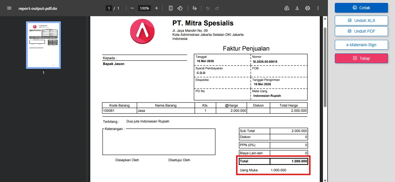 uang muka pada faktur penjualan